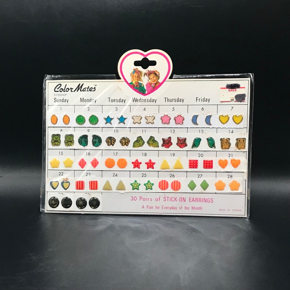 Vintage Color Mates 30 Pairs Stick-On Earrings 80s 90s Girls Fashion Oval